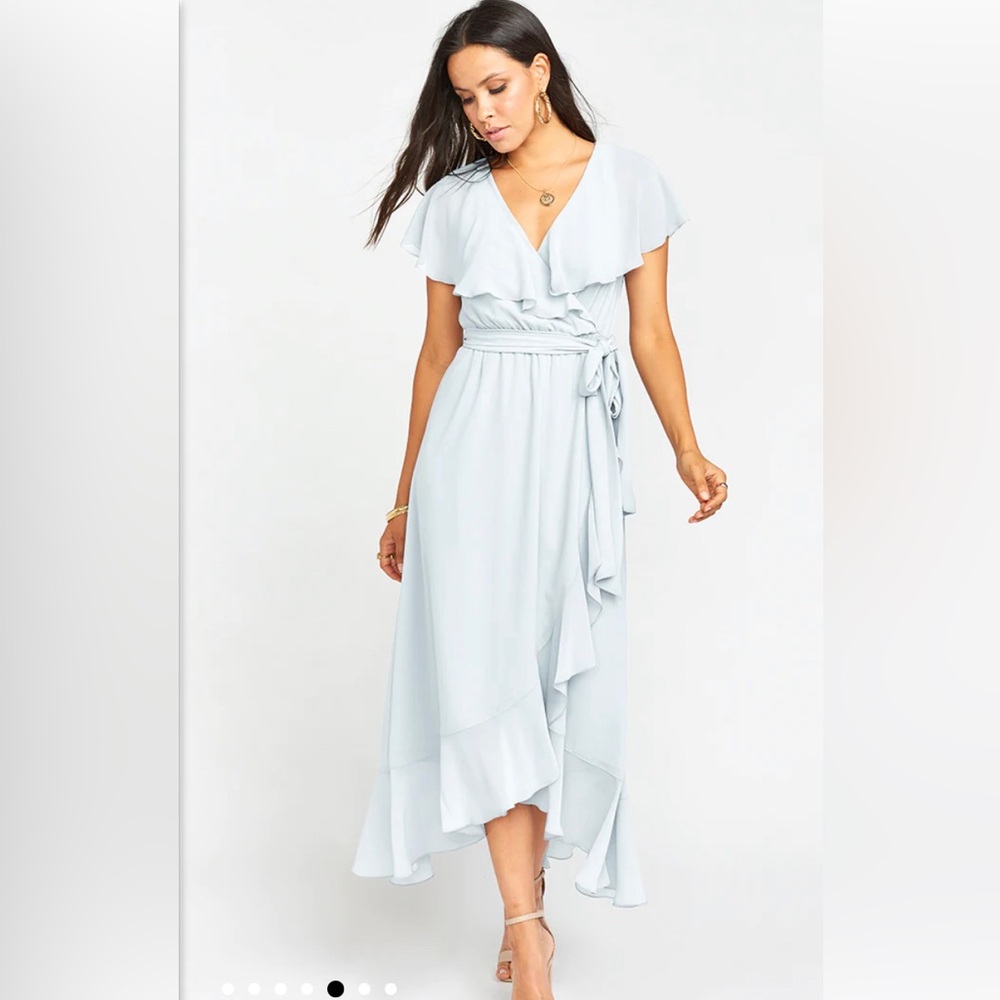 Brand New- show me your Mumu bridesmaid gown. Jess ruffle gown -icy blue -S